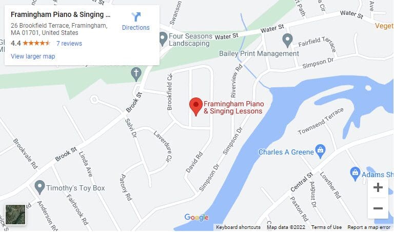 Google map showing Framingham piano and singing lessons